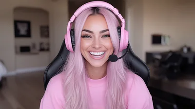 Young Woman With Pink Hair Wearing Gaming Headset