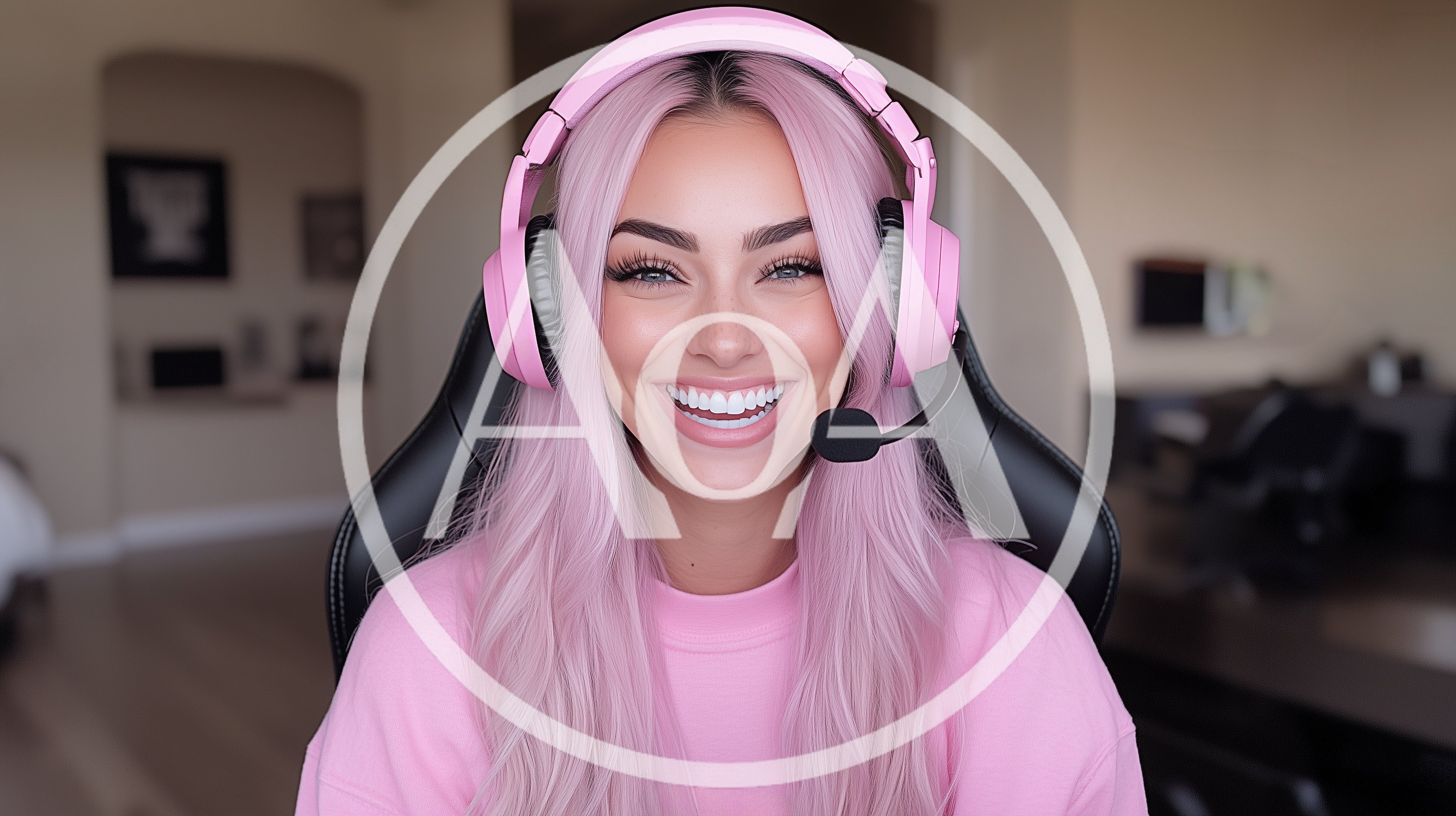 Young Woman With Pink Hair Wearing Gaming Headset