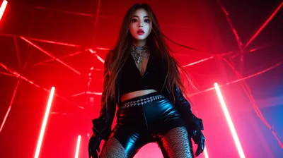 Stylish Young Woman Posing in Red Neon Lighting