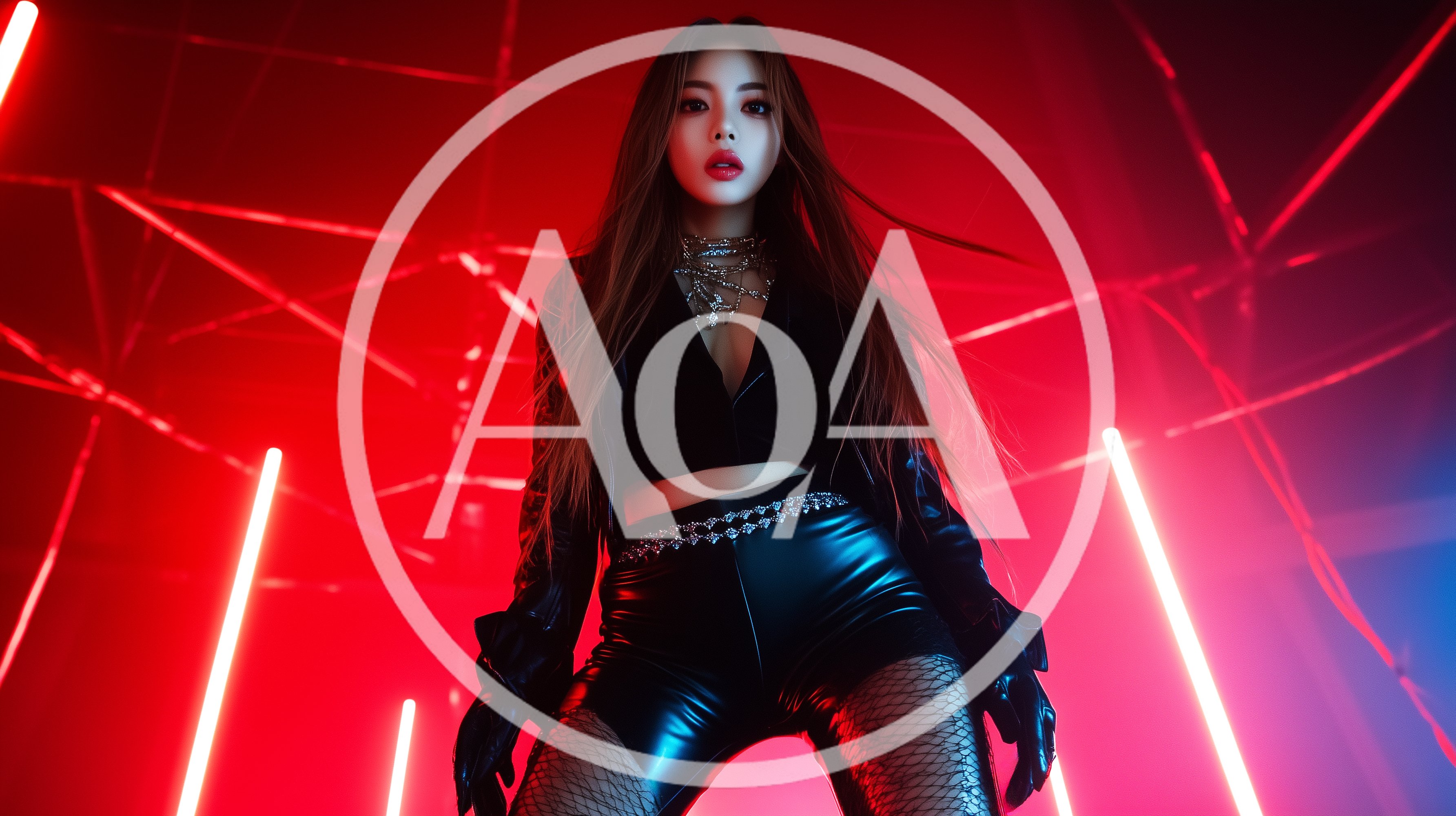 Stylish Young Woman Posing in Red Neon Lighting