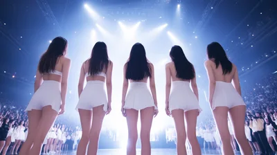 Five Performers Standing On Stage In White Outfits