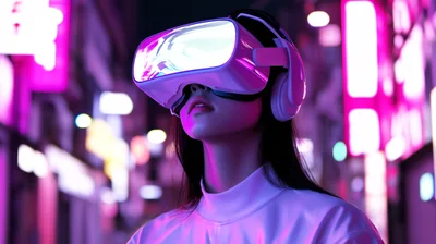 Young Woman Wearing Virtual Reality Headset In Neon City