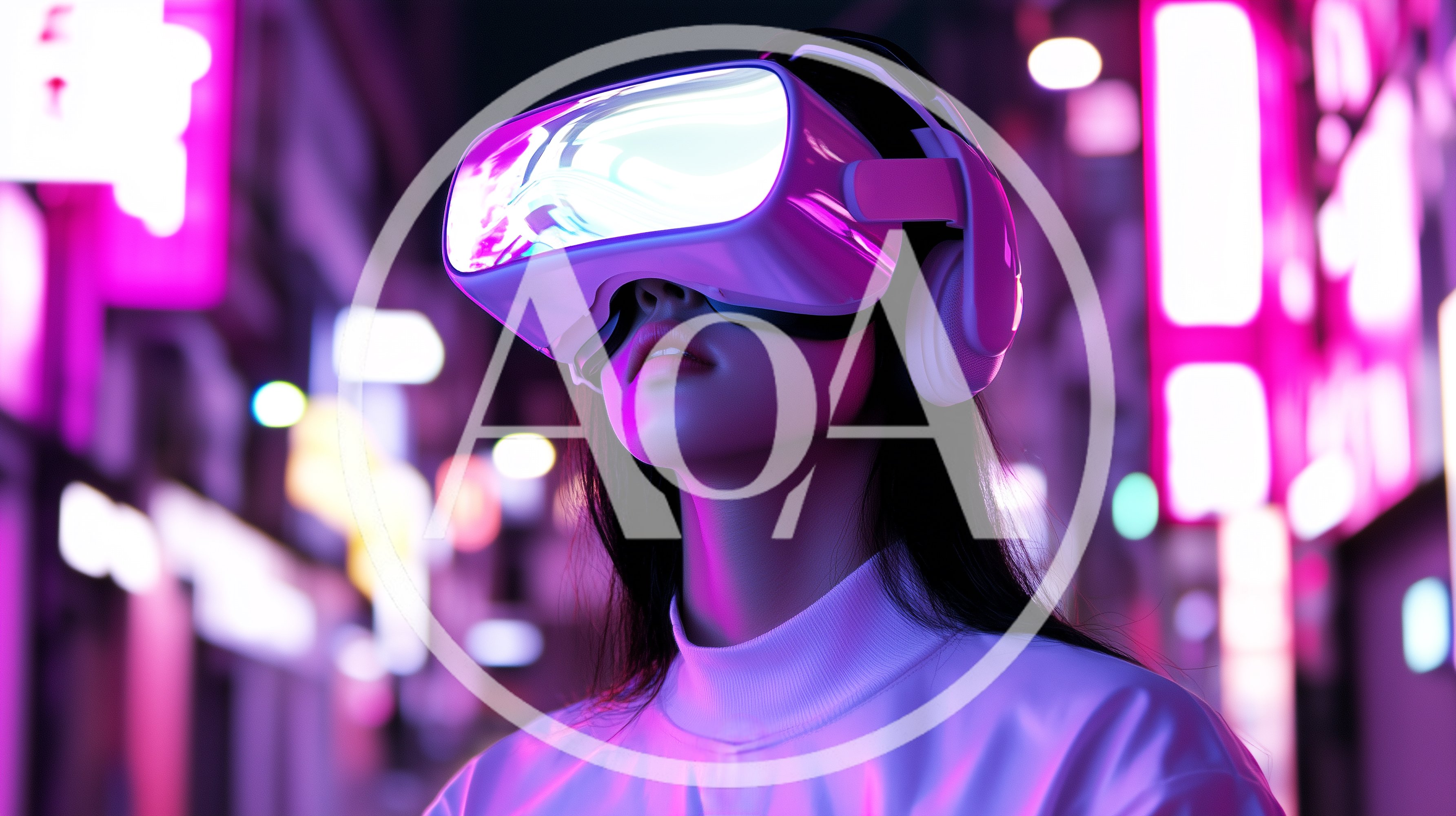Young Woman Wearing Virtual Reality Headset In Neon City