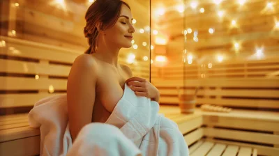Woman Relaxing In A Wooden Sauna With Towel