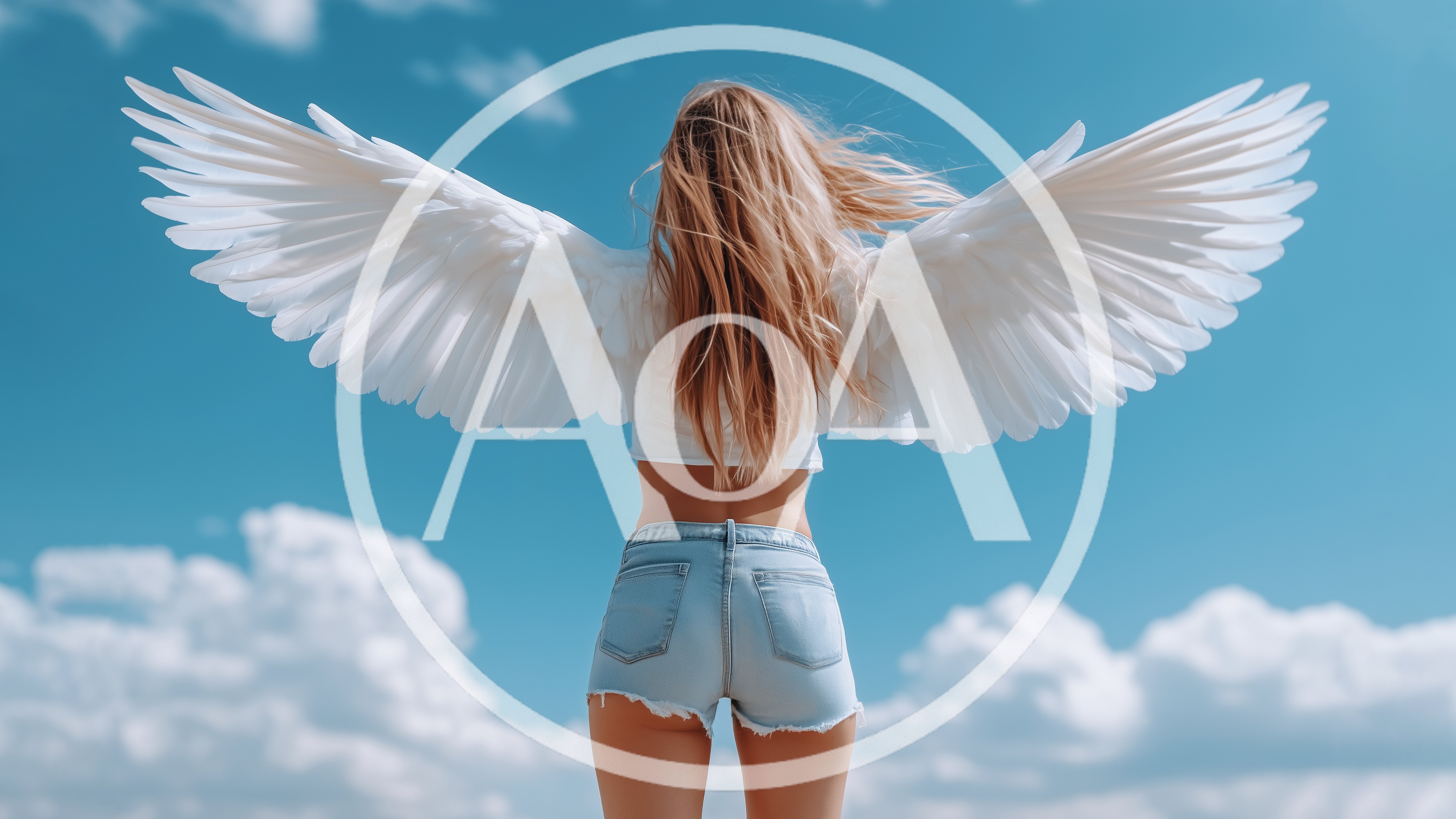 Woman With Angel Wings Standing Against Blue Sky