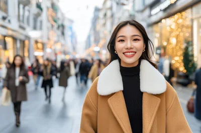 Young Asian Woman Smiling On A Busy City Street