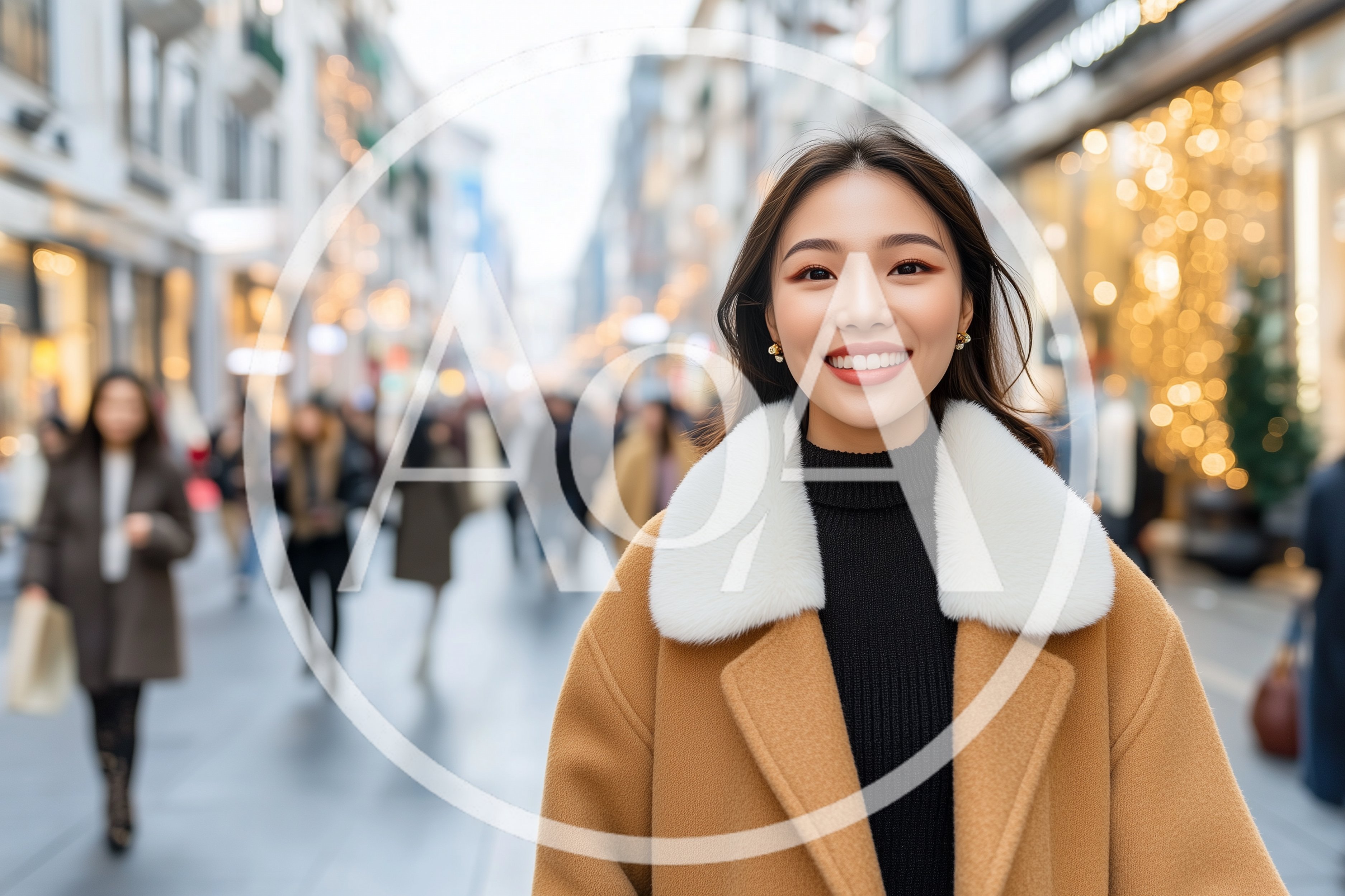 Young Asian Woman Smiling On A Busy City Street