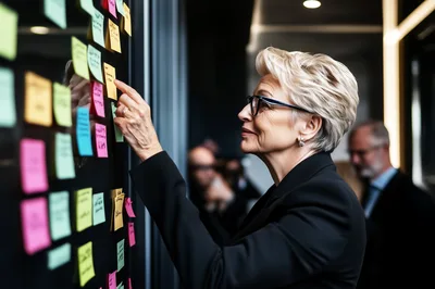 Professional Businesswoman Organizing Sticky Notes On Office Wall