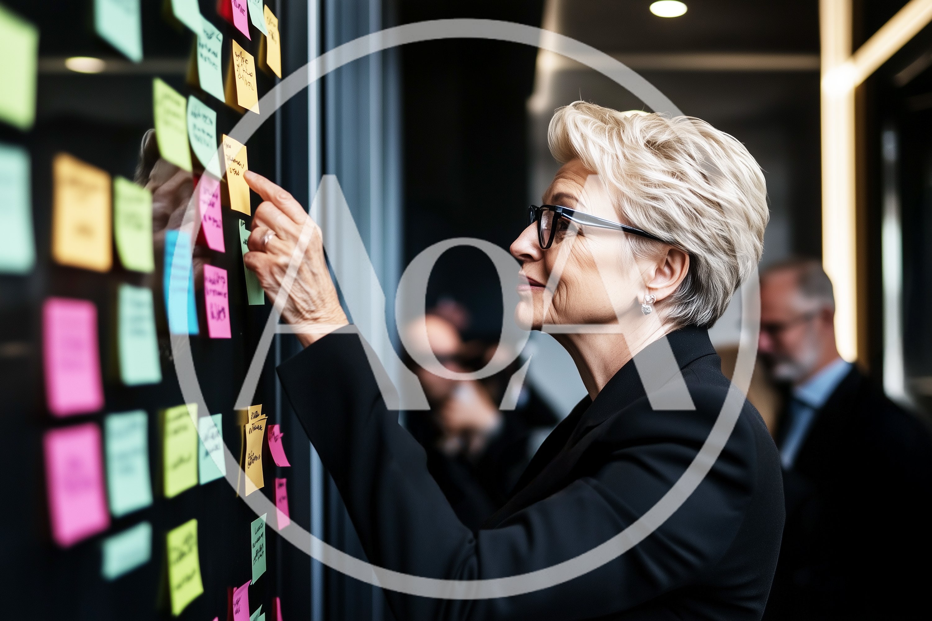 Professional Businesswoman Organizing Sticky Notes On Office Wall