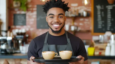 Smiling Barista Holding Tray With Two Latte Art Coffees