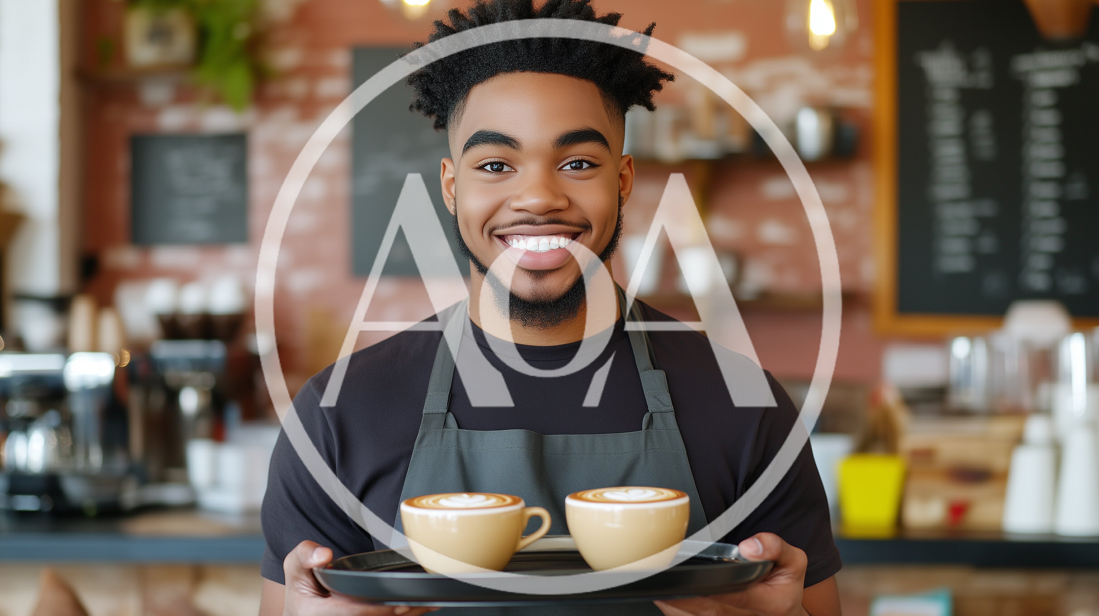 Smiling Barista Holding Tray With Two Latte Art Coffees