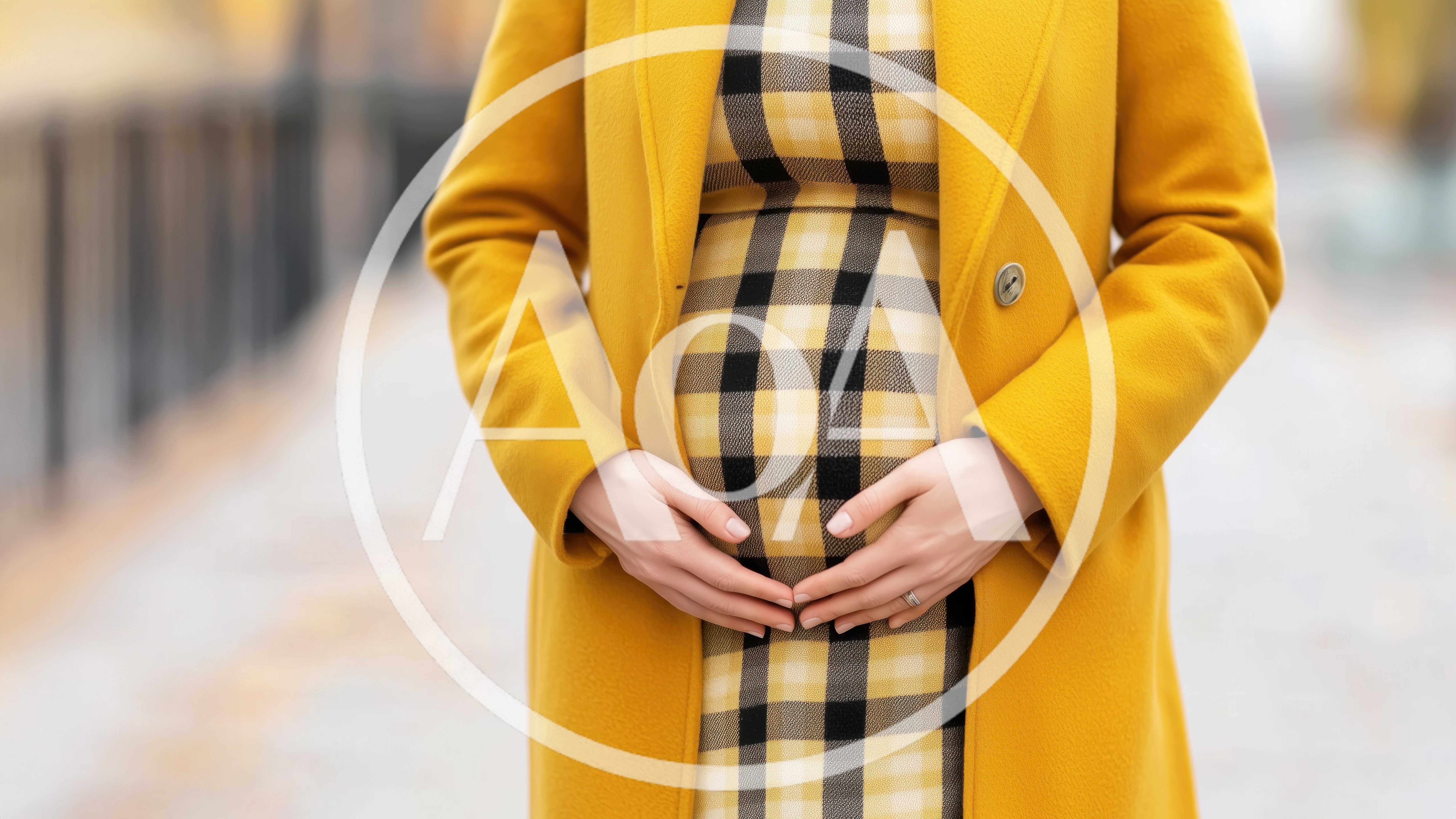 Pregnant Woman Wearing Yellow Coat And Plaid Dress