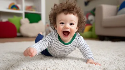 Happy Curly Haired Baby Crawling On A Rug