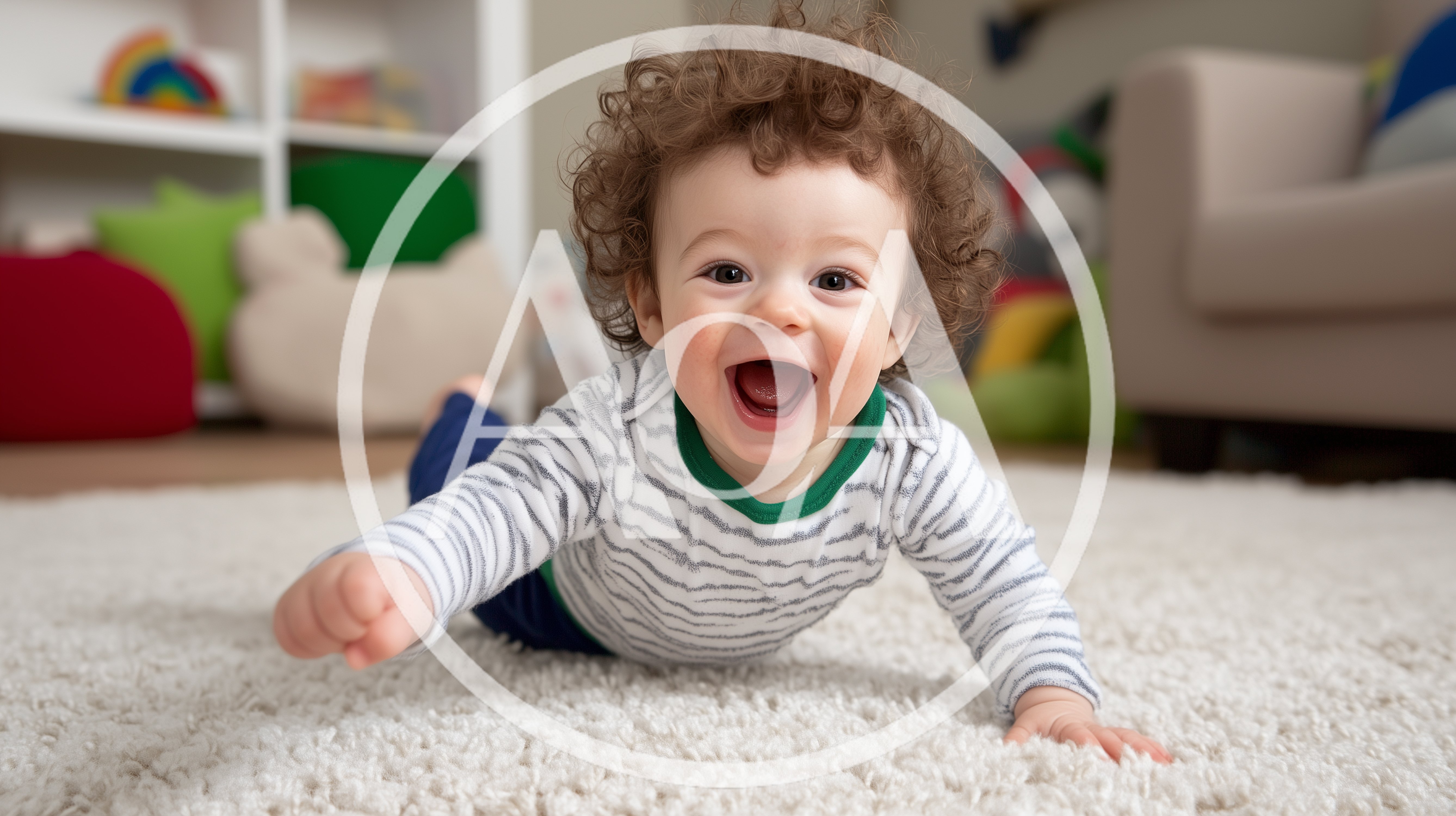 Happy Curly Haired Baby Crawling On A Rug