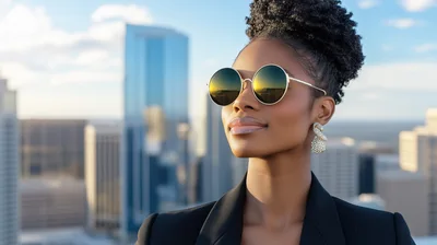 Professional Woman Wearing Sunglasses Against City Skyline