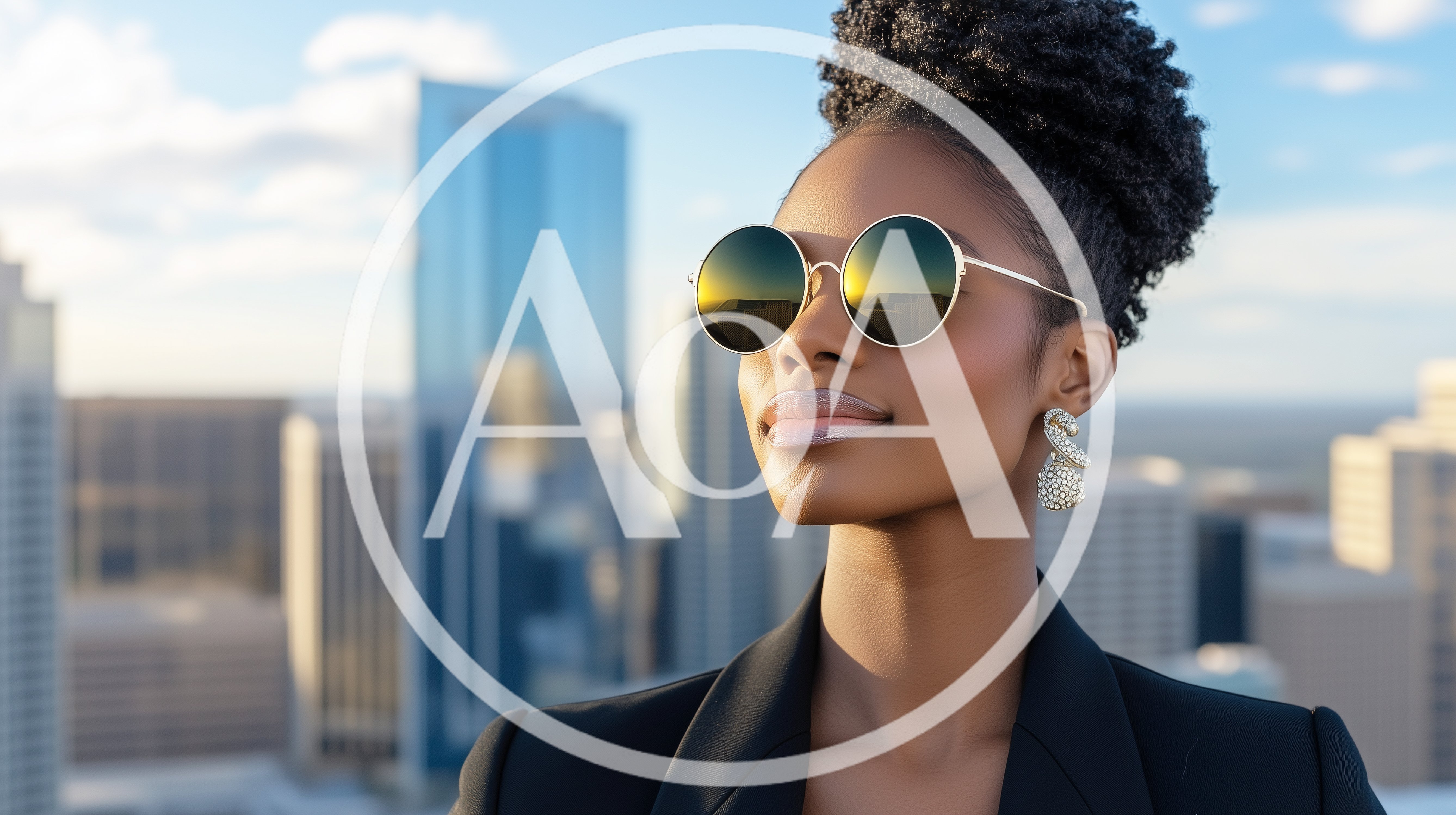 Professional Woman Wearing Sunglasses Against City Skyline
