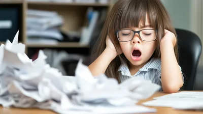 Young Girl Yawning While Studying At Desk