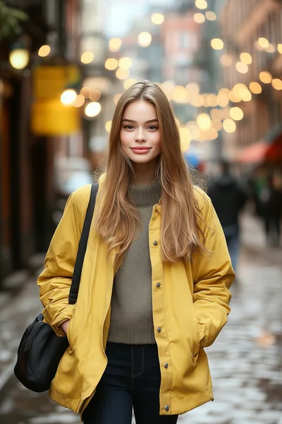 Young Woman Walking Through A Festive City Street