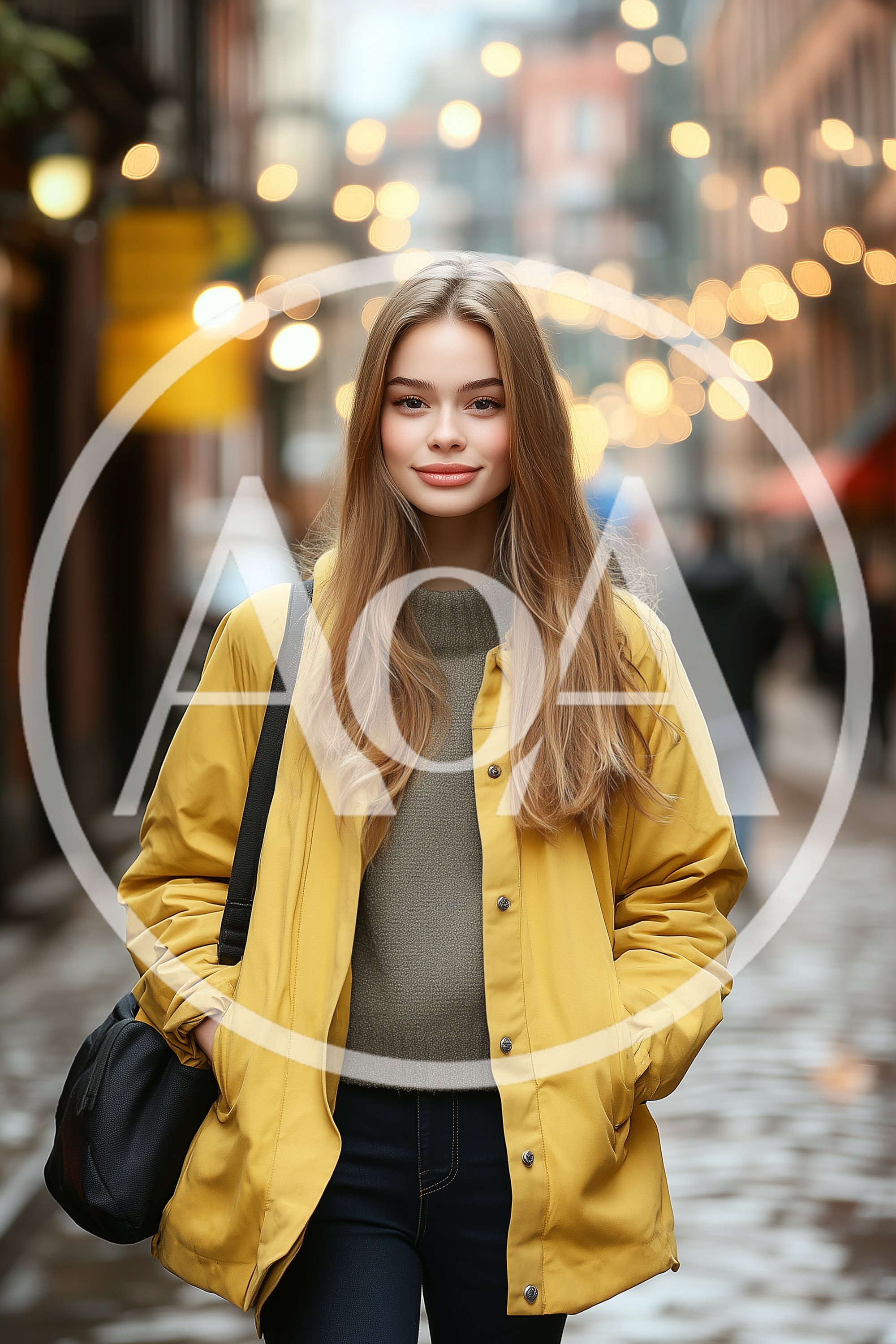 Young Woman Walking Through A Festive City Street