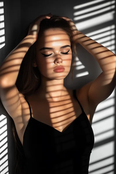 Young Woman Posing With Blinds Shadow Effect