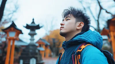 Young Asian Man Exploring A Traditional Japanese Temple