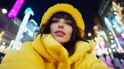 Young Woman Taking Selfie In Illuminated City At Night