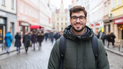 Young Man With Glasses Smiling In A City Street