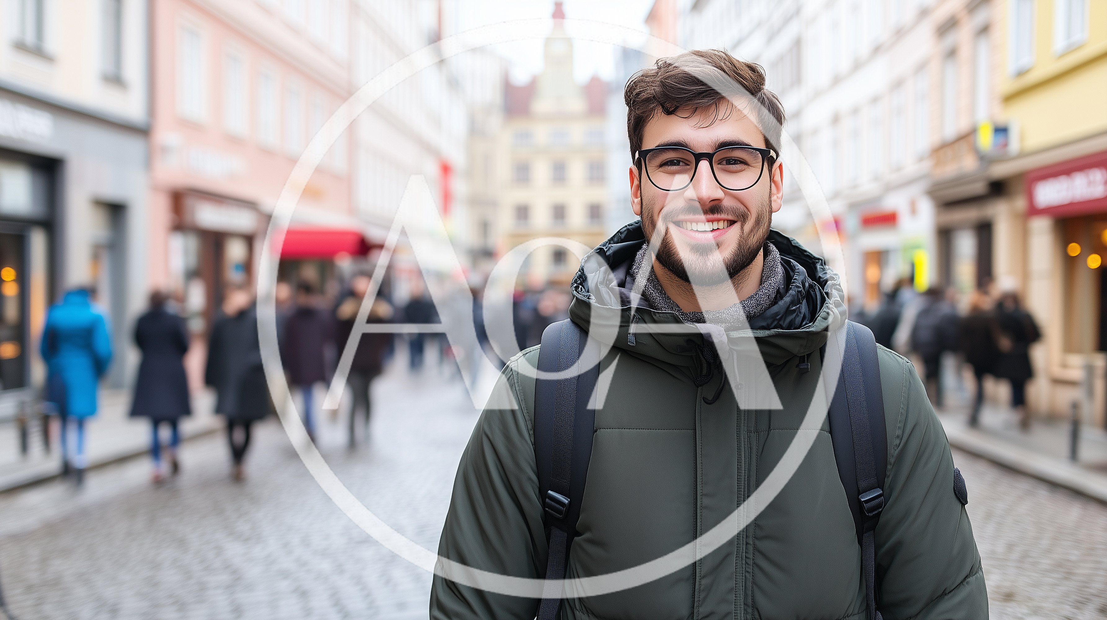 Young Man With Glasses Smiling In A City Street
