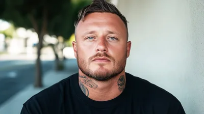 Portrait Of A Man With Neck Tattoos