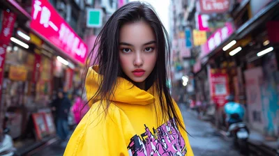 Young Woman Wearing Yellow Hoodie In Urban Street