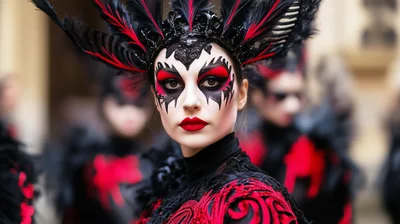 Woman Wearing Elaborate Venetian Carnival Mask and Costume