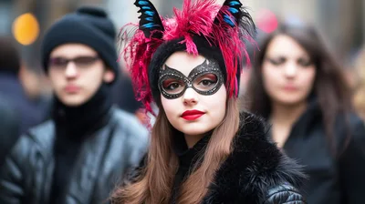 Young Woman Wearing Venetian Masquerade Mask And Feathered Headdress