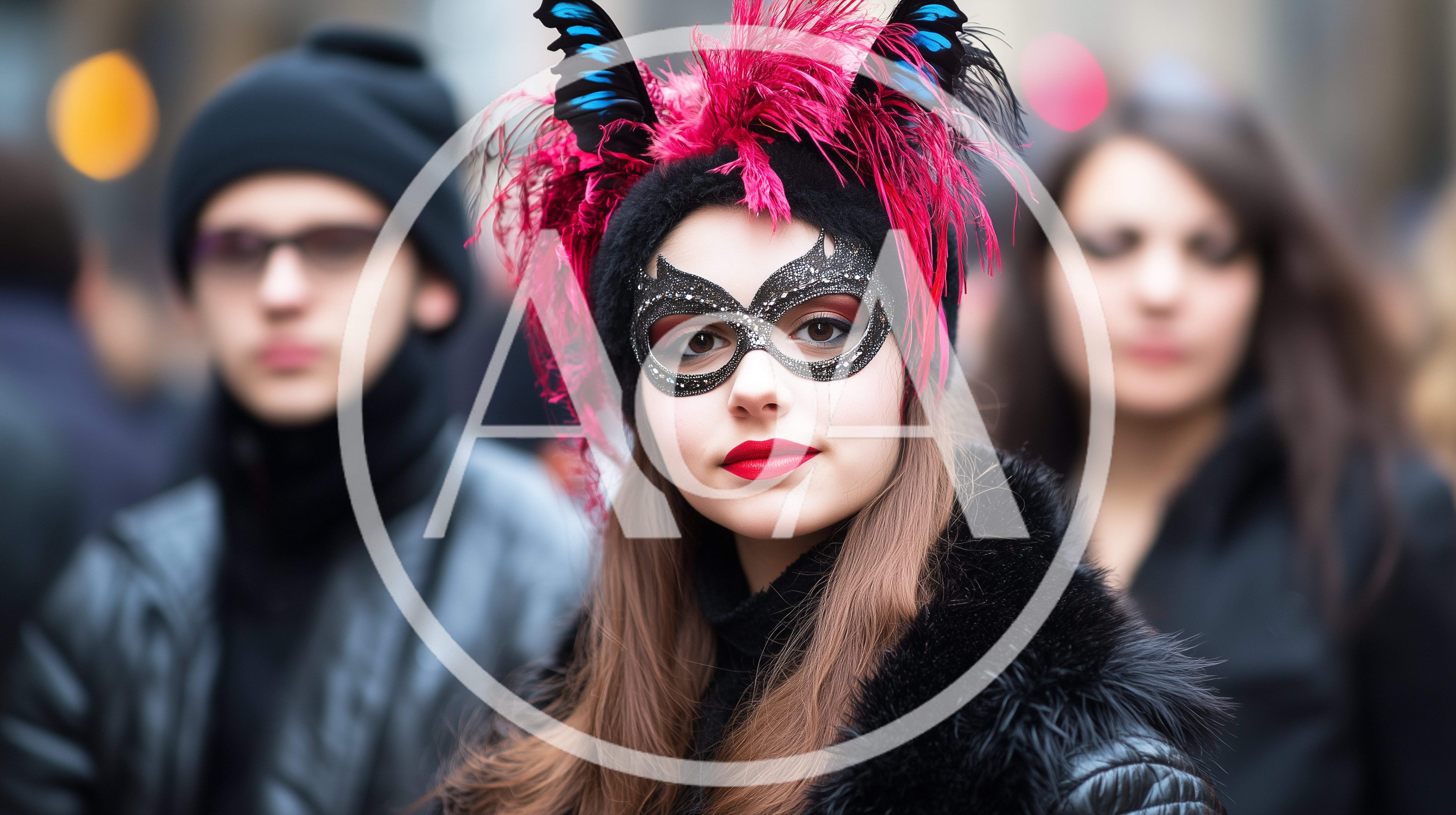 Young Woman Wearing Venetian Masquerade Mask And Feathered Headdress