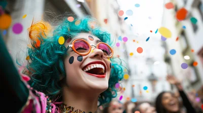 Joyful Woman With Teal Hair Celebrating At Carnival