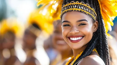 Smiling Carnival Performer With Yellow Feather Headdress