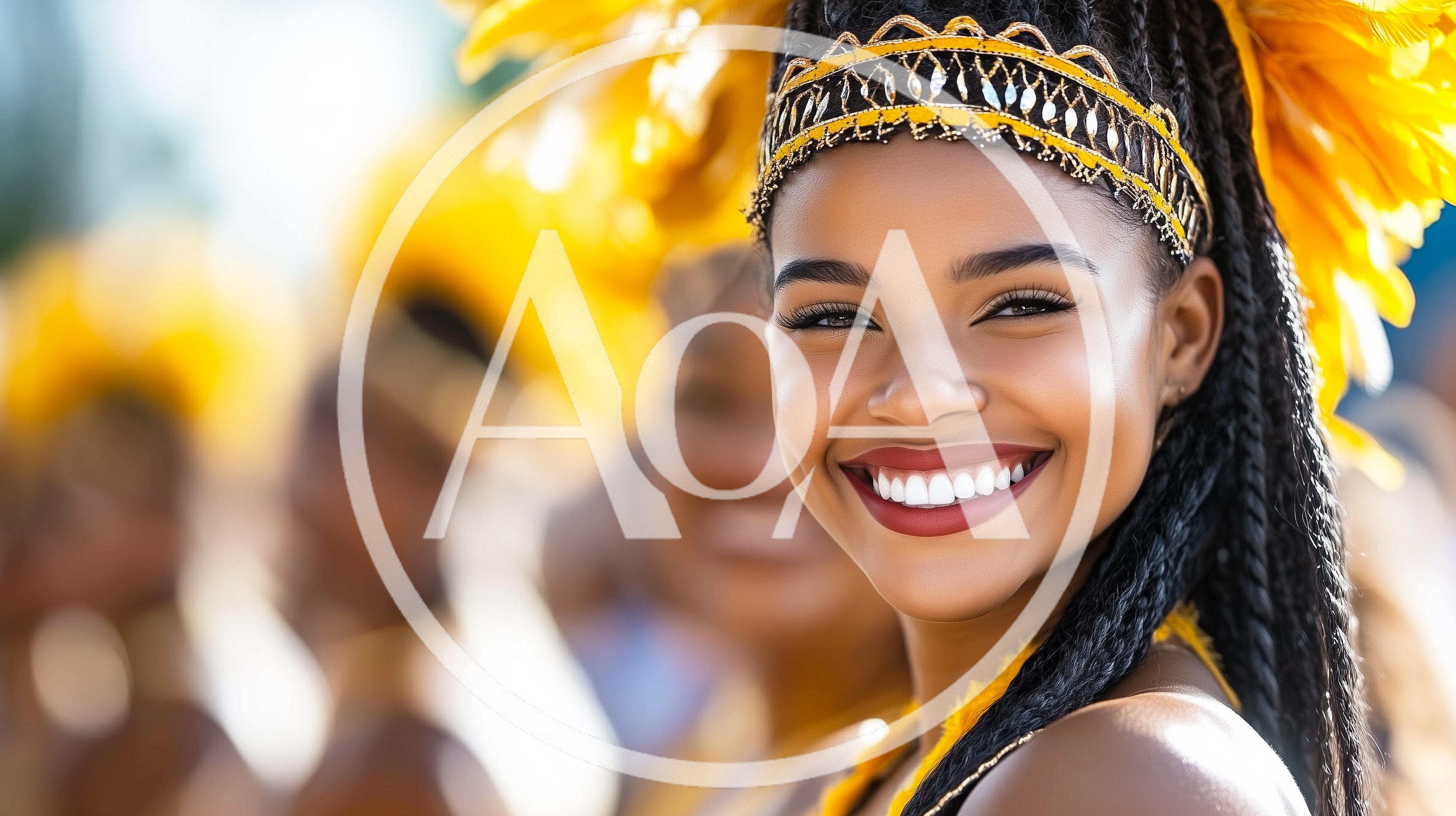 Smiling Carnival Performer With Yellow Feather Headdress