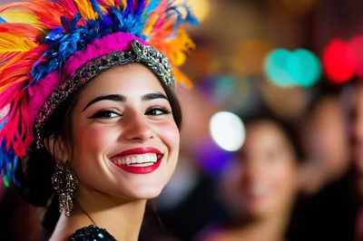 Smiling Woman Wearing Colorful Carnival Feather Headdress