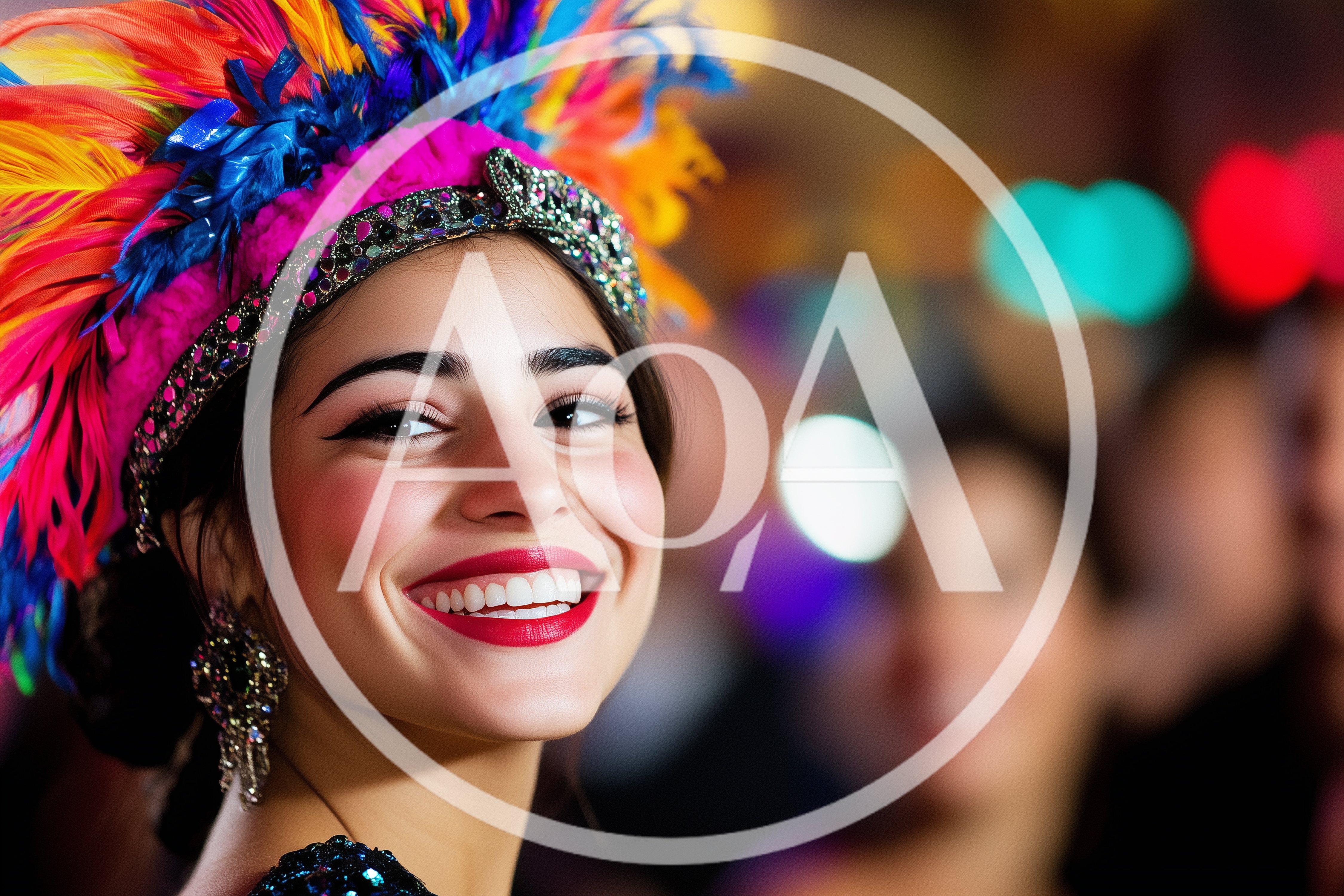 Smiling Woman Wearing Colorful Carnival Feather Headdress