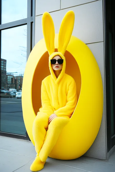 Person In Yellow Bunny Costume Sitting In Egg Sculpture