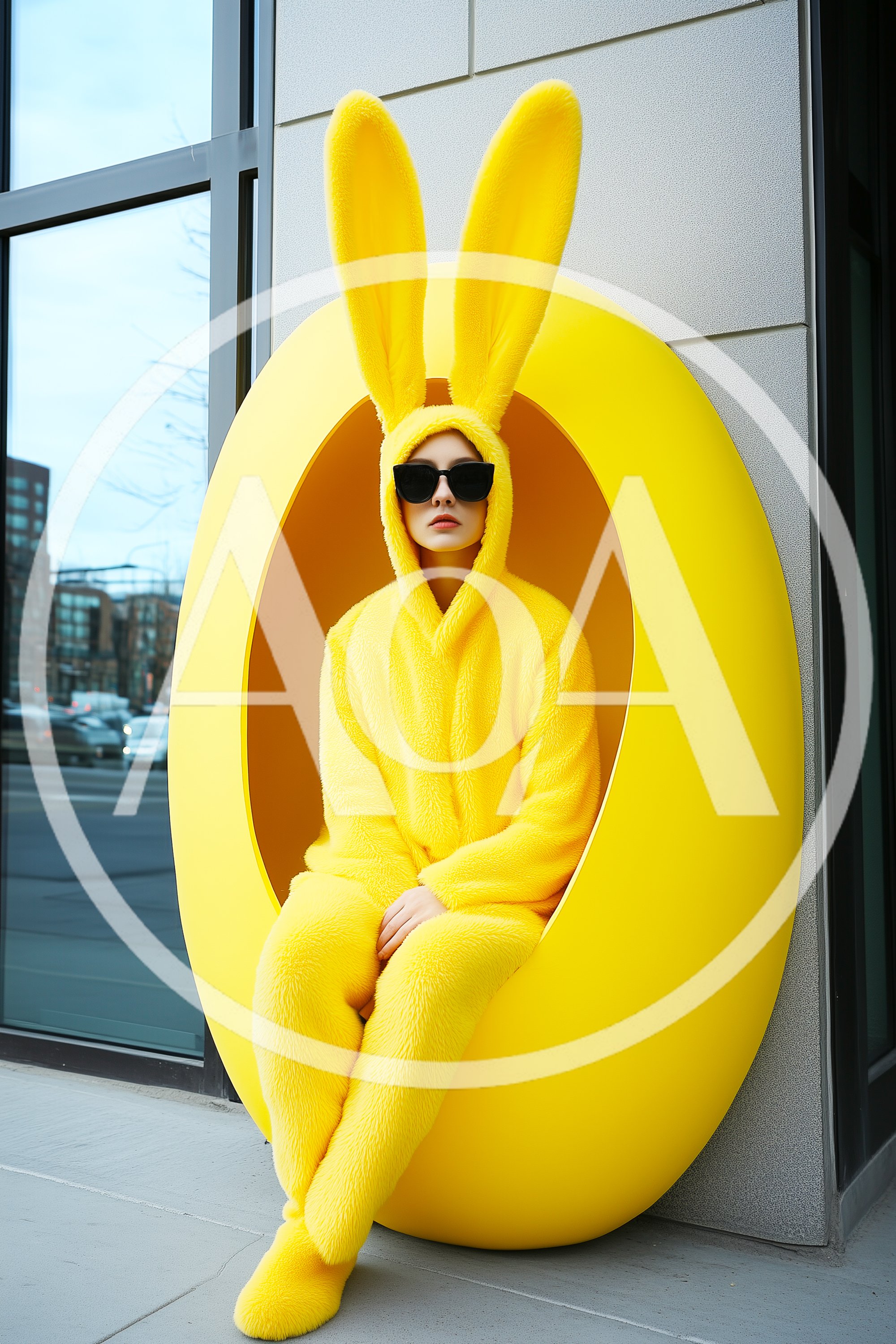 Person In Yellow Bunny Costume Sitting In Egg Sculpture