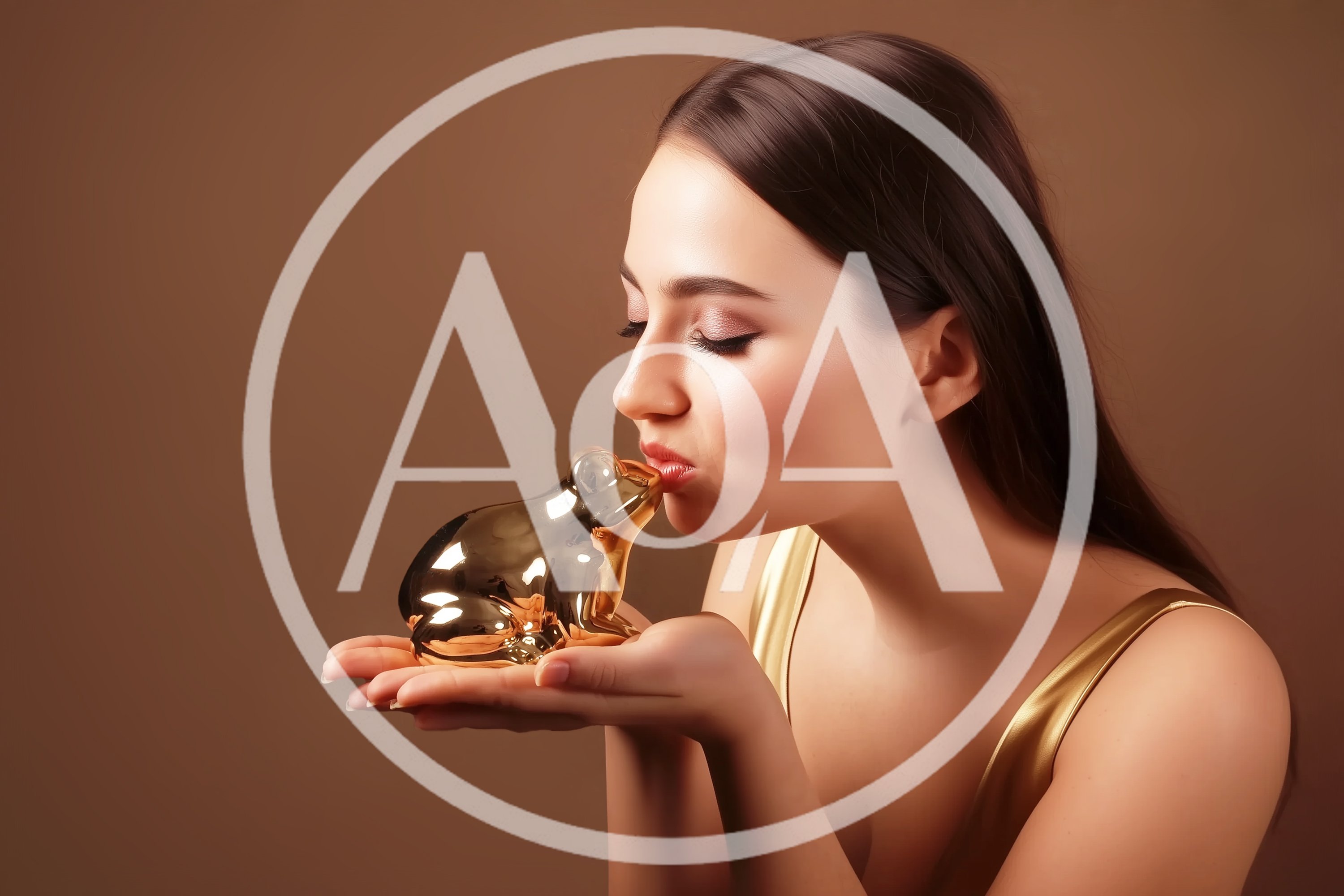 Young Woman Kissing A Golden Frog Figurine