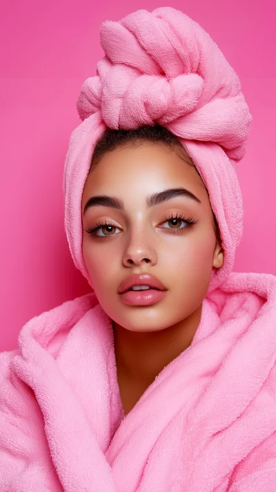 Portrait Of A Beautiful Woman In A Pink Bathrobe