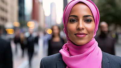 Professional Woman Wearing Pink Hijab In City Street