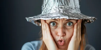 Surprised Woman Wearing A Homemade Aluminum Foil Hat