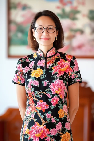Portrait Of A Professional Asian Woman In Floral Qipao