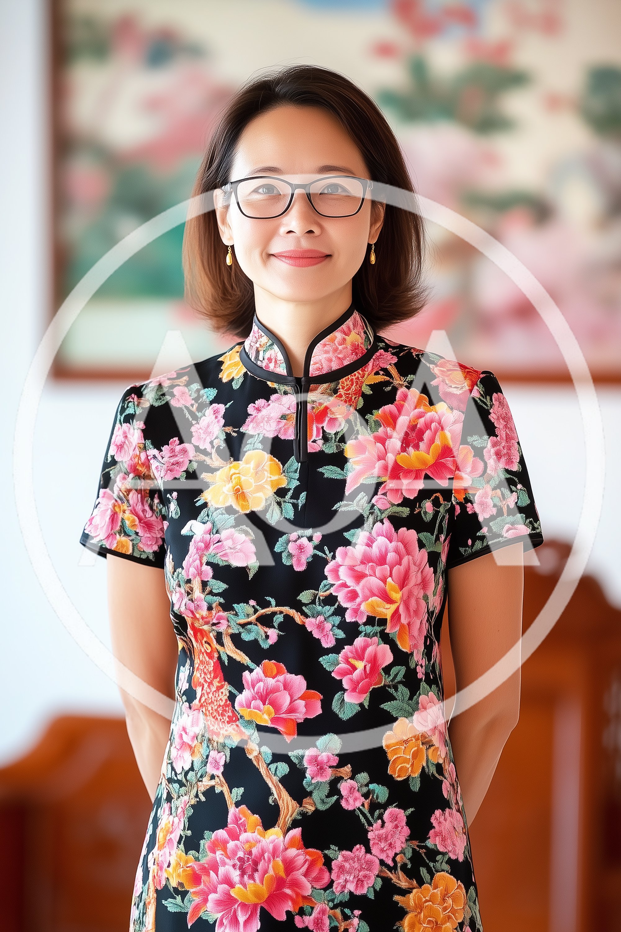 Portrait Of A Professional Asian Woman In Floral Qipao