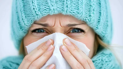 Woman With Cold Blowing Nose Into Tissue