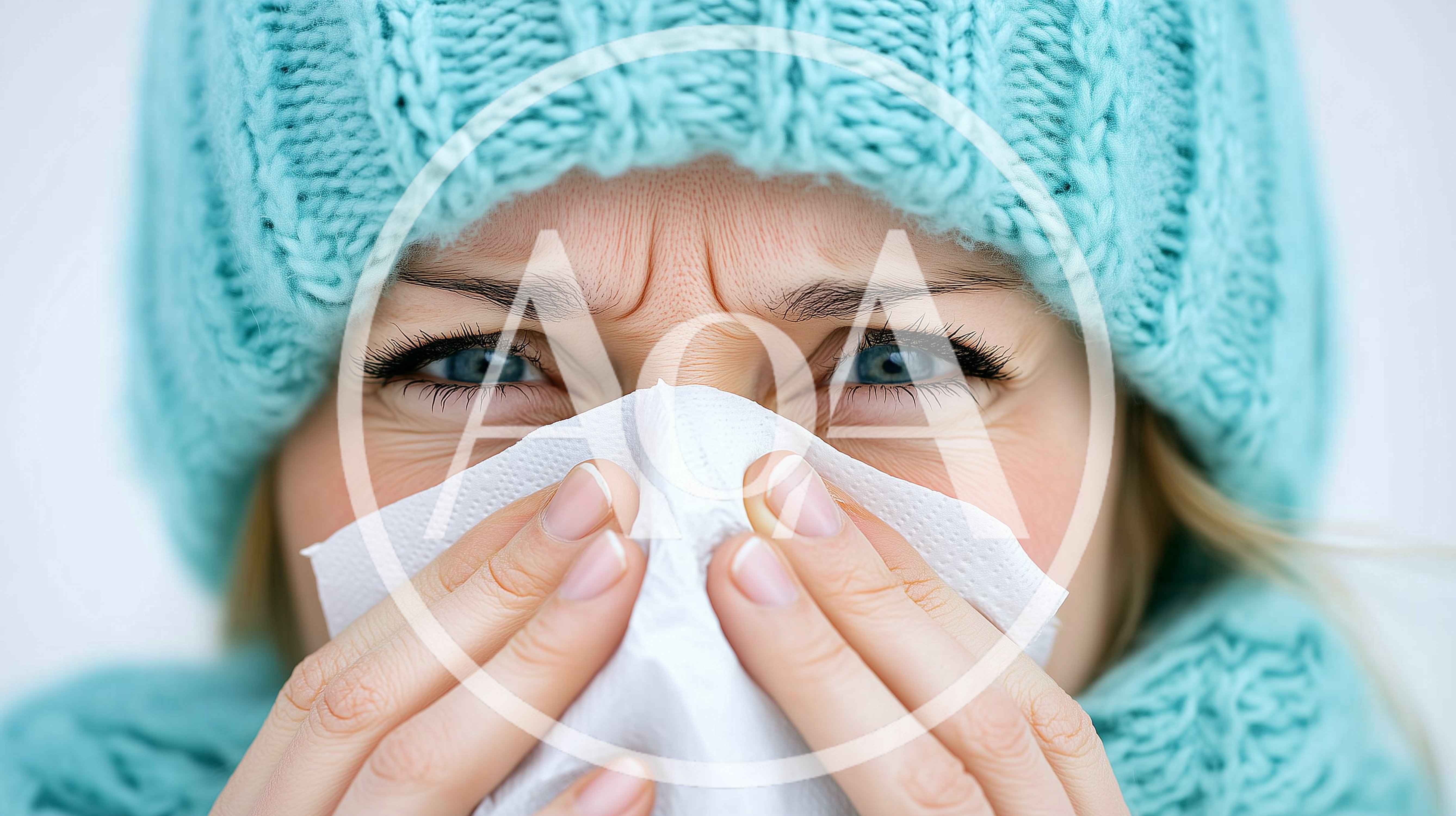 Woman With Cold Blowing Nose Into Tissue