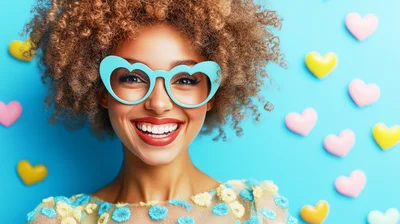 Smiling Woman With Curly Hair Wearing Heart Shaped Glasses