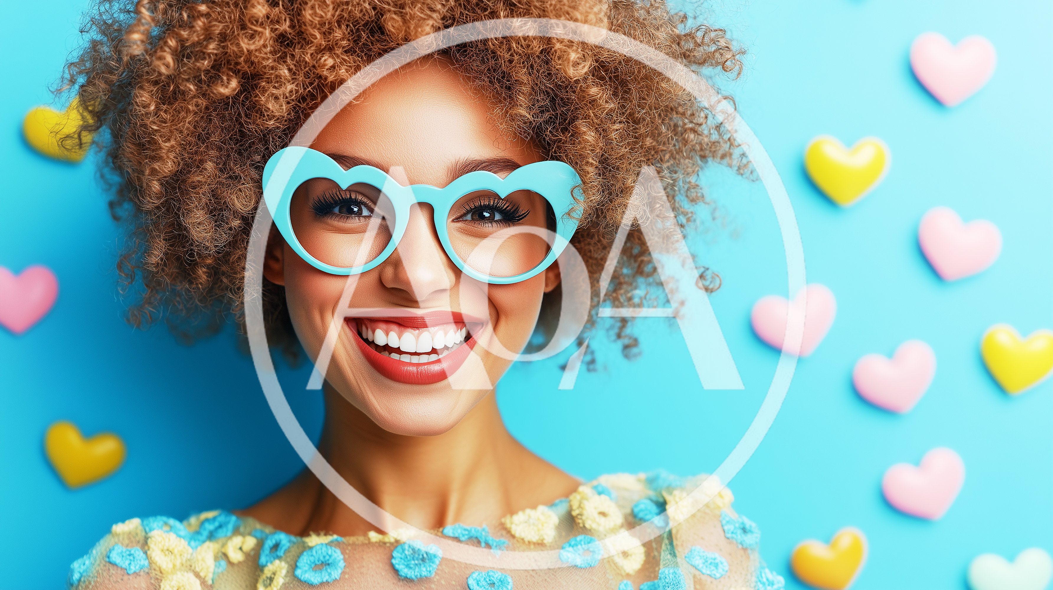 Smiling Woman With Curly Hair Wearing Heart Shaped Glasses